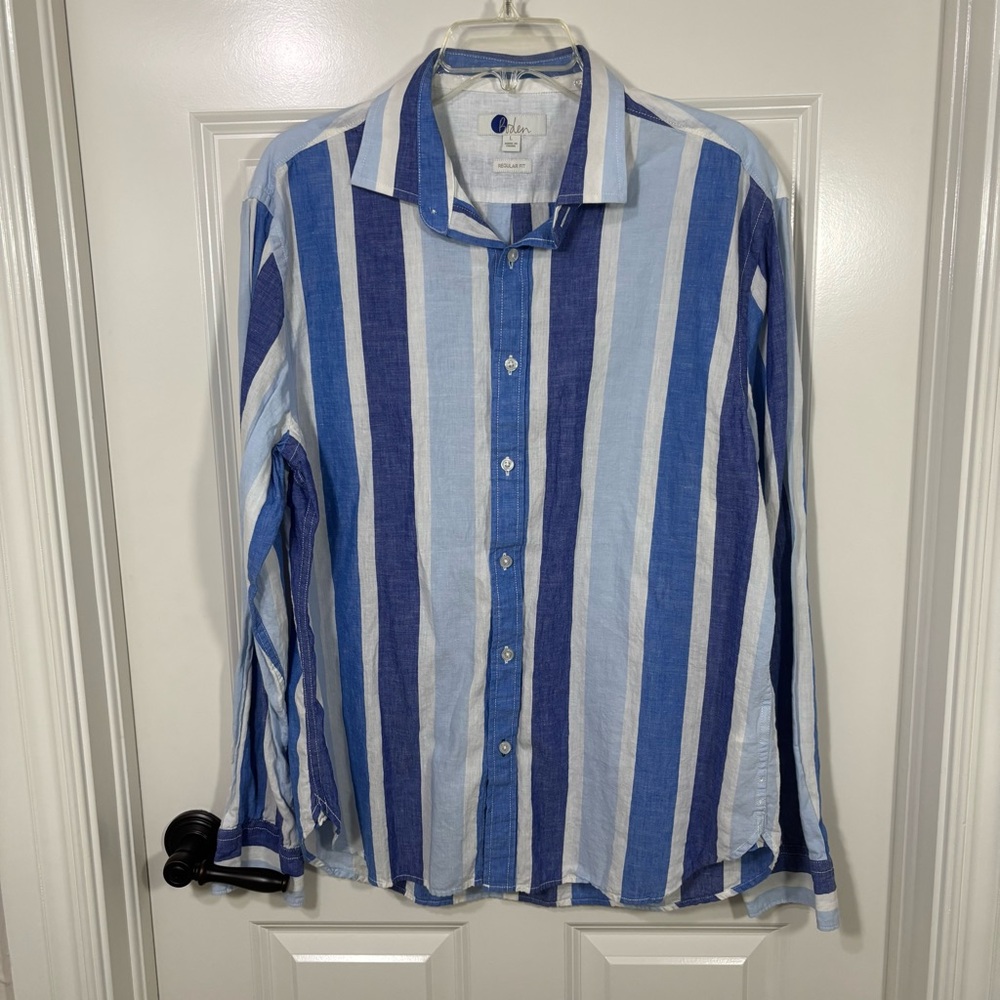 Boden Regular Fit Long Sleeve Button Up Linen Blend Shirt Men’s L Blue White